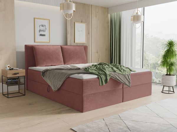 Boxspringbett Egro mit 2 Bettkästen und Zwei große Kissen - Doppelbett mit Bonell-Matratze und Topper, Polsterbett (Pink (Kronos 29), 140 x 200 cm)