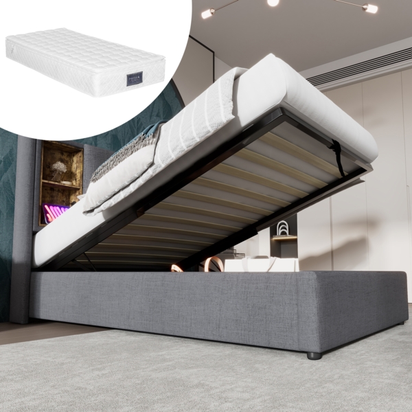 Polsterbett 90x200 cm mit kabelloser Ladestation, USB & Typ-C Anschlüssen,Kopfteil mit Ablagefächern, Baumwolle Grau,inklusive Matratze