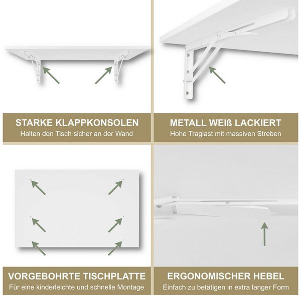 KDR Wandklapptisch 80x50 cm Weiß – Klappbarer Tisch zur Wandmontage – als Esstisch, Schreibtisch, Küchentisch oder Arbeitsplatz – Platzsparend & vielseitig einsetzbar Bild 4
