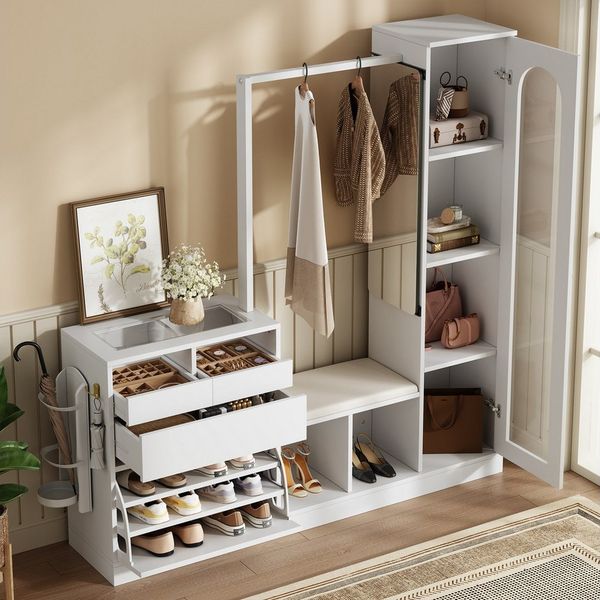 Merax Garderoben-Set 6-in-1 Garderobenschrank Eingangsbereich-Schrank mit LED, (platzsparender Eingangsbereich-Schrank aus Spanplatte, 1-St, 163x161x35cm), Flurschrank mit Spiegel, Schuhschrank, Kleiderstange,9 Stauraumfächern