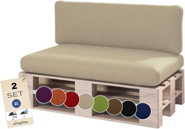 sunnypillow Palettenkissen Boston - Set Palettenauflage mit abnehmbarem Bezug, Indoor / Outdoor, 2er Set Sitzkissen + Rückenkissen