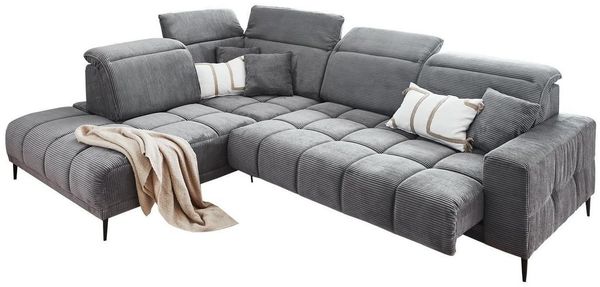 Iwaniccy Ecksofa LIVORNO, B 317 x T 234 cm, Dunkelgrau, Cord, elektr. Sitztiefenverstellung, 5 Kopfteilverstellungen