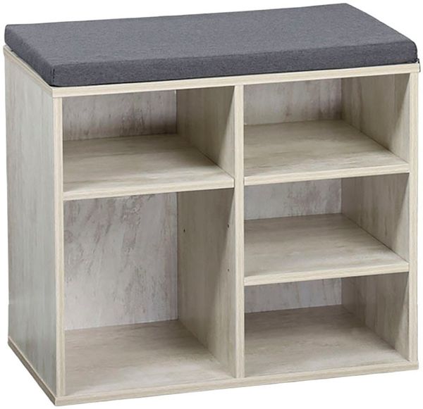 Kleiner Schuhschrank, weiß gekälkt - mit Sitzkissen, grau