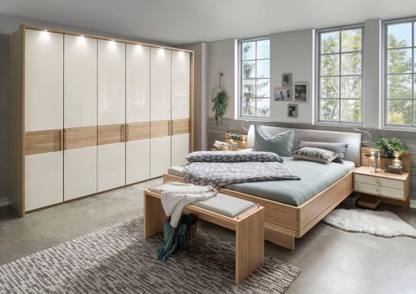 WIEMANN Bett Kiruna, Bettgestell, Bettrahmen, Eiche Nachbildung, Polsterkopfteil (4-fache Liegehöhenverstellung, MADE IN GERMANY), Polsterkopfteil aus Kunstleder, verschiedene Größen, in Komforthöhe