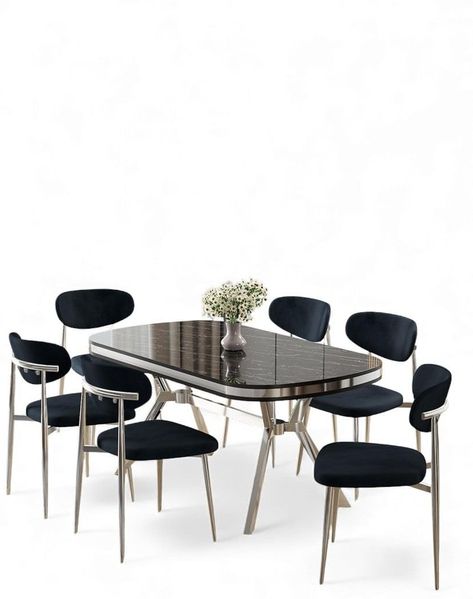 Modernes 7-teiliges Esszimmer-Set mit Tisch und Stühlen, Schwarzer Marmor & Chrom, 168x90 cm | 100% lackierte Platte, stilvoll und langlebig