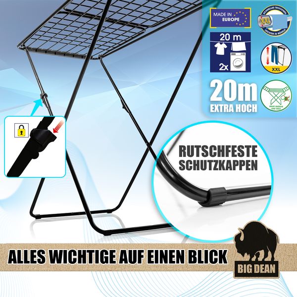 BigDean Wäscheständer 200 cm = 20m extra-hoch + dicke Leinen für einfacheres Bügeln - Wäscheständer XXL - Wäscheständer schwarz – Wäscheständer stabil X-Beine Bild 4