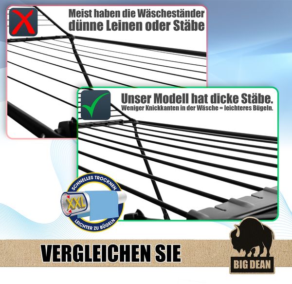 BigDean Wäscheständer 200 cm = 20m extra-hoch + dicke Leinen für einfacheres Bügeln - Wäscheständer XXL - Wäscheständer schwarz – Wäscheständer stabil X-Beine Bild 2