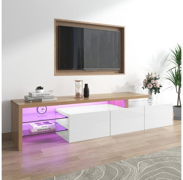 PXloue Lowboard mit LED-Beleuchtung, großer Stauraum, TV-Board, TV-Schrank, geeignet für 70-79-Zoll-TVs
