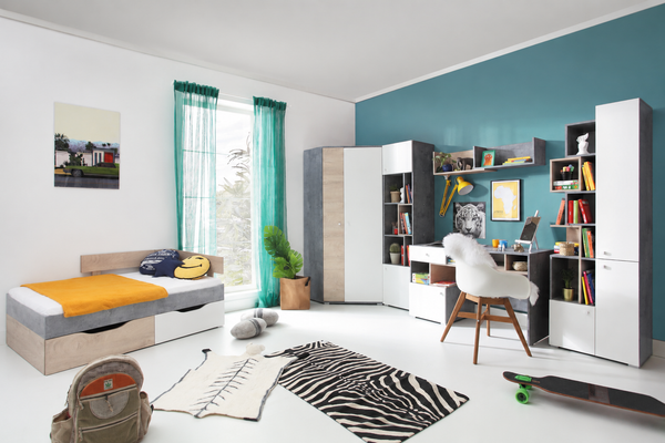 Jugendzimmer Sally in Beton, Weiß und Eiche in 4 Setvarianten oder als Einzelmöbel - 7 teilig , Eckkleiderschrank + Jugendbett 90x200 cm + Matratzenauflage + Standregal 1 + Schreibtisch + Wandregal + Regal-Schrank-Kombination