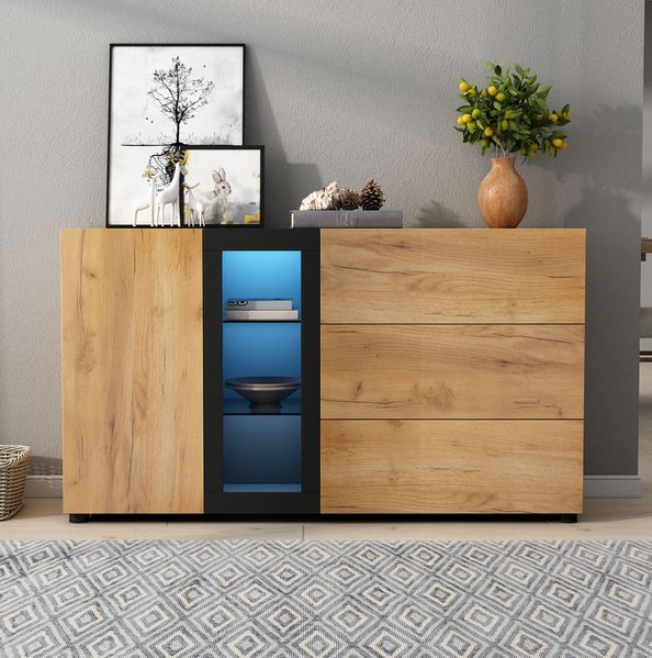 Sideboard Braun/Schwarz, 140x40x80 cm mit App-LED, 3 Schubladen & verstellbaren Glasböden