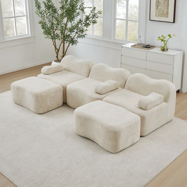 3-Sitzer Wohnlandschaft H 70 x T 288 x B 167 cm aus Samt, modular und rahmenlos in Wellenform, Beige