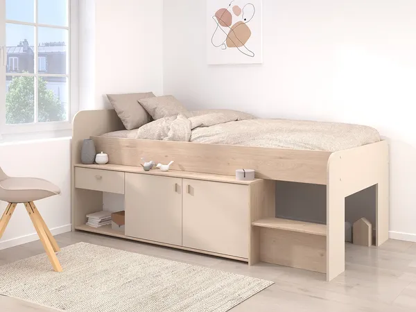 Vente-unique - LUNOBI Bett Holz, Platte Beige - B 203 cm x H 90 cm x L 110 cm