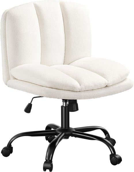 Schminktisch Stuhl, Drehstuhl mit Wippfunktion und Breitem Sitzkissen, Schneidersitz Stuhl aus Belüftetem Sherpa Stoff, Geeignet für Schlafzimmer, Büro und Wohnzimmer, Beige-Weiß Bild 2