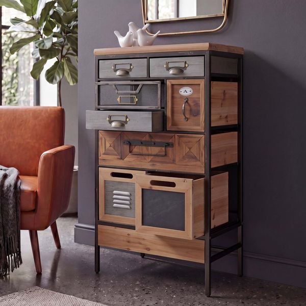 Apothekerkommode HWC-Q77, Schrank Kommode Schubladenmix Etikettenhalter Industrial Vintage/Shabby Holz Metall 85 x 45 x 35 cm
