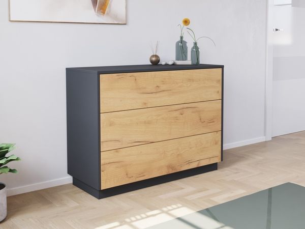 Sideboard Kommode Hero B stehend 100cm 3 Pushauszüge Grafit Eiche : Grafit / Eiche Gold