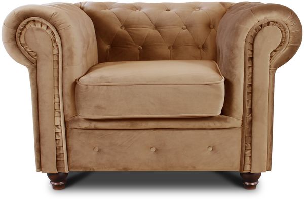 Sessel Chesterfield Asti - Couch, Couchgarnitur, Couchsessel, Loungesessel, Stühl, Holzfüße - Glamour Design, Velours (Beige (Velvet 28))