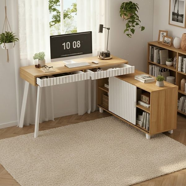 140x120x76.5cm L-förmiger Schreibtisch, moderner minimalistischer Stil, vertikales Streifenmuster, Stahlbeine, zwei Schubladen, geräumiger Schrank, Naturfarbe + Weiß.