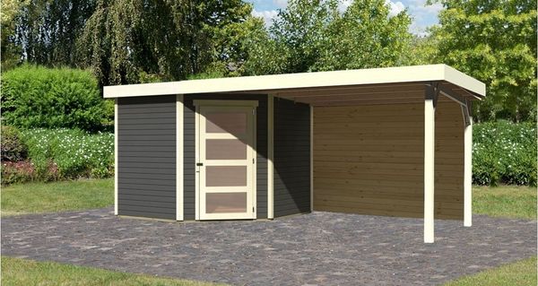 Gartenhaus Schwandorf 5, 242 x 246 cm inkl. Anbaudach 2,80 m mit Rückwand, 19 mm Holz terragrau, Karibu
