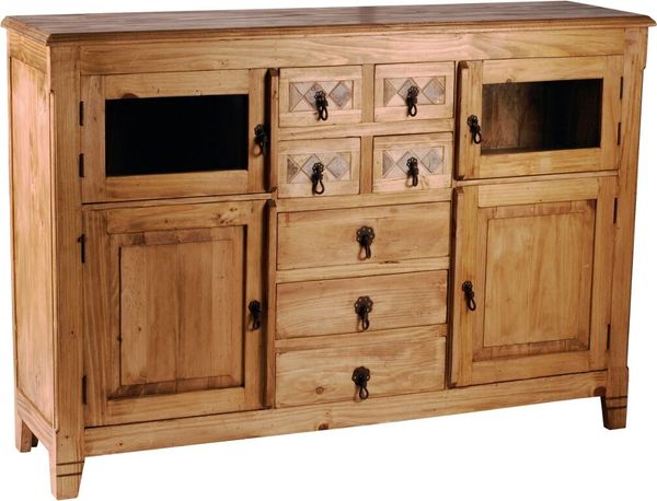 MiaMöbel Mexico Highboard - Marmor Glas, Massivholz Pinie Landhaus Mexiko Möbel Mexikanisch
