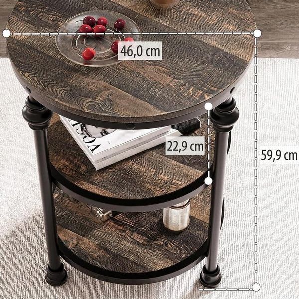 GarveeMore Beistelltisch Rund Holz,Couchtisch mit 3 Ebenen Sofatisch aus Holz und Metall, Industrie-Design Einfacher Aufbau für Wohnzimmer Schlafzimmer,Ø45x60cm