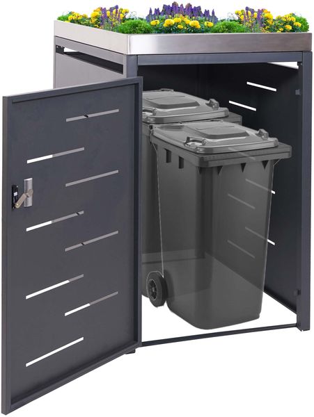 XL 1er-/2er-Mülltonnenverkleidung HWC-H40, Mülltonnenbox, Pflanzkasten Edelstahl-Metall 40kg 125x75x102cm erweiterbar