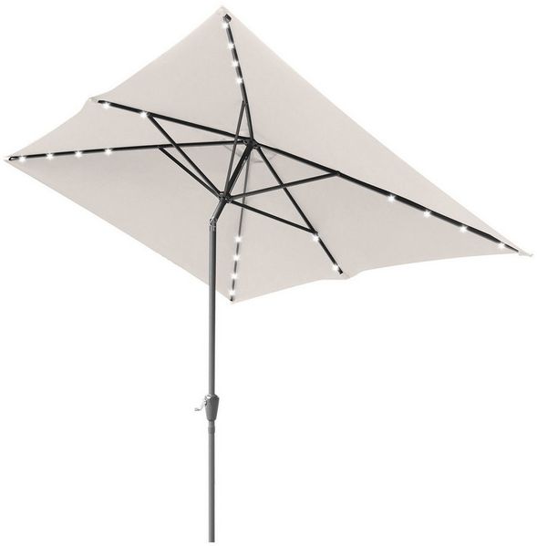 Clanmacy Sonnenschirm Rechteckig LED Solar Gartenschirm 2.1x1.4m UV-Schutz mit kurbel Beige, LxB: 210x140 cm, Stabiler knickbar/für Garten, Balkon, Terasse/Sonnenschutz