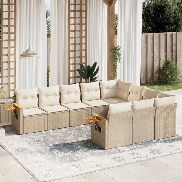 vidaXL 10-tlg. Garten-Sofagarnitur mit Kissen Beige Poly Rattan 3227178