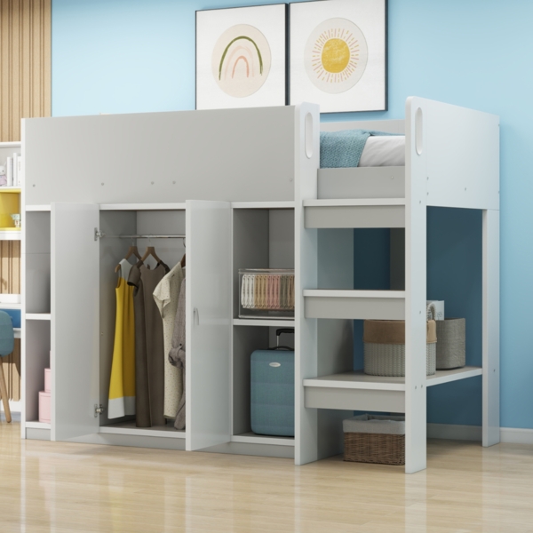 Bett Hochbett 90x200 cm mit Stauraum und Schrank – platzsparendes Kinderhochbett in Grau/Weiß Bild 3