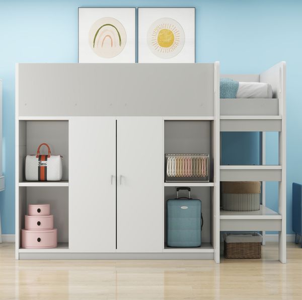 Bett Hochbett 90x200 cm mit Stauraum und Schrank – platzsparendes Kinderhochbett in Grau/Weiß