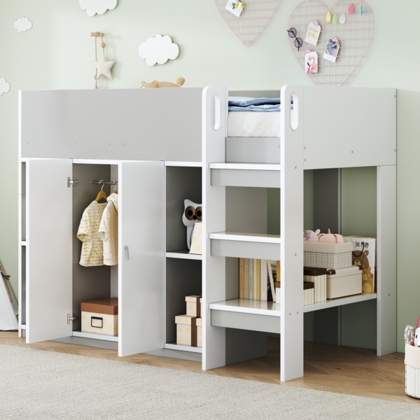 Bett Hochbett 90x200 cm mit Stauraum und Schrank – platzsparendes Kinderhochbett in Grau/Weiß Bild 2