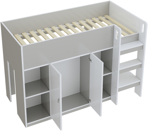 Bett Hochbett 90x200 cm mit Stauraum und Schrank – platzsparendes Kinderhochbett in Grau/Weiß Bild 9