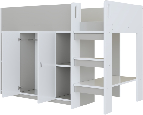 Bett Hochbett 90x200 cm mit Stauraum und Schrank – platzsparendes Kinderhochbett in Grau/Weiß Bild 8
