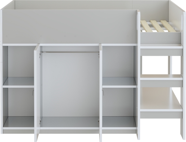 Bett Hochbett 90x200 cm mit Stauraum und Schrank – platzsparendes Kinderhochbett in Grau/Weiß Bild 7
