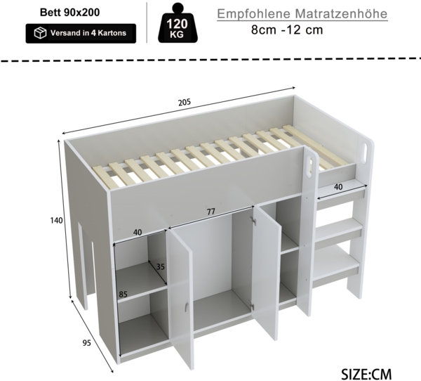 Bett Hochbett 90x200 cm mit Stauraum und Schrank – platzsparendes Kinderhochbett in Grau/Weiß Bild 5