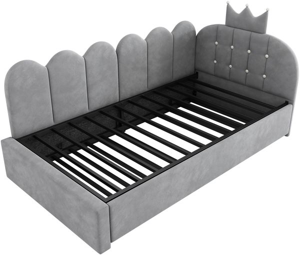Merax Einzelbett 90x200 cm, Kinderbett, Polsterbett mit 90x190 cm Ausziehbett, Niedliches Kronen- und Gitterdesign, Samt, Grau Bild 8