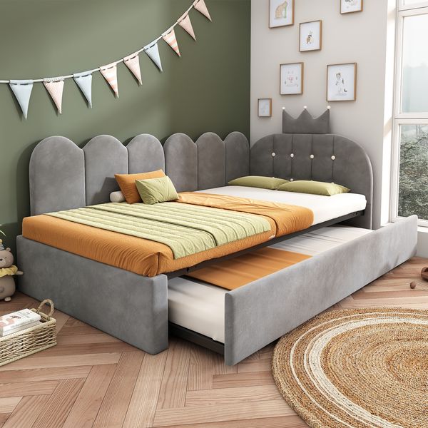 Merax Einzelbett 90x200 cm, Kinderbett, Polsterbett mit 90x190 cm Ausziehbett, Niedliches Kronen- und Gitterdesign, Samt, Grau