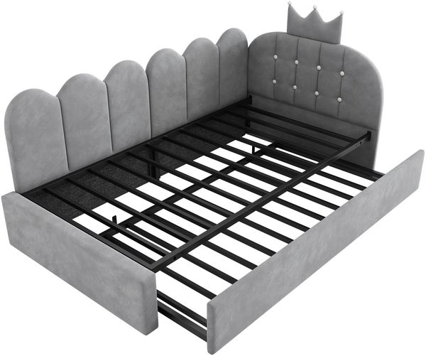 Merax Einzelbett 90x200 cm, Kinderbett, Polsterbett mit 90x190 cm Ausziehbett, Niedliches Kronen- und Gitterdesign, Samt, Grau Bild 9