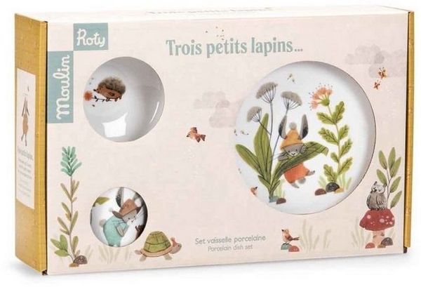 Moulin Roty Kindergeschirr-Set Porzellangeschirr-Set Trois Lapins Teller Schüssel Tasse Silikonboden