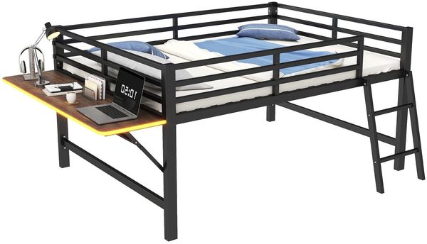 Hochbett mit Schreibtisch und LED-Beleuchtung, 140x200 cm, Kinderbett mit Rausfallschutz und Leiter, Metallbett, Jugendbett, Einzelbett