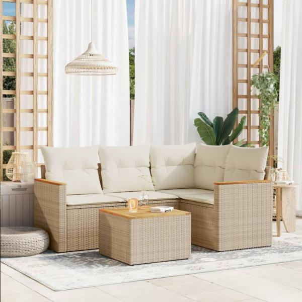 vidaXL 5-tlg. Garten-Sofagarnitur mit Kissen Beige Poly Rattan 3225939