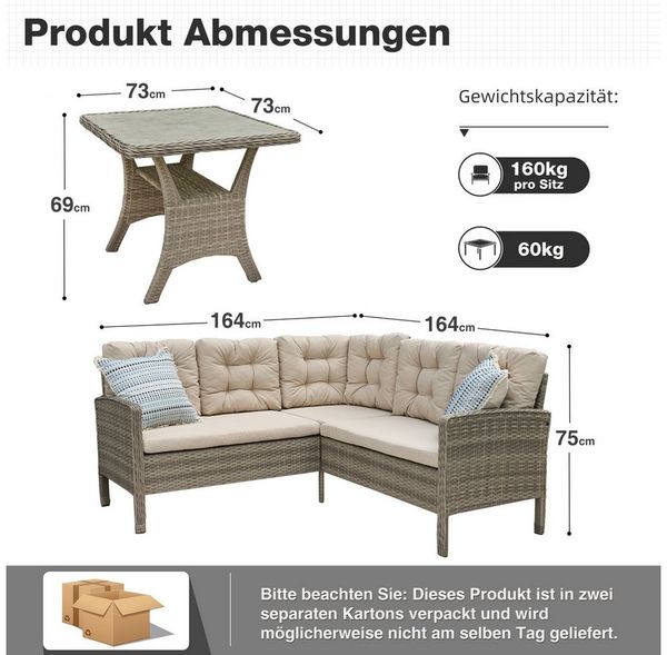 HOMECALL Gartenlounge-Set Gartenlounge-Set Dining Lounge mit Esstisch, Rattan für 5-6 Personen, (Set, 2x 2er Sofa, 1x 1er Sofa, 1x Tisch 73x73x69cm,Loungeset Outdoor), Wetterfester Rahmen Sitzbereich für 5 Personen, COMLAX FIELD