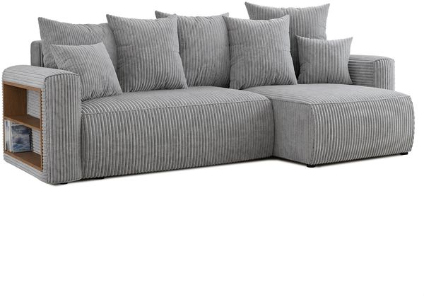 MEBLINI Schlafcouch mit Bettkasten - 238 x 142 x 73 cm - Hellgrau Cordstoff - SOLARIS - Kleines Ecksofa mit Schlaffunktion - Sofa mit Relaxfunktion und Kissen - Kleine Couch L-Form - Eckcouch