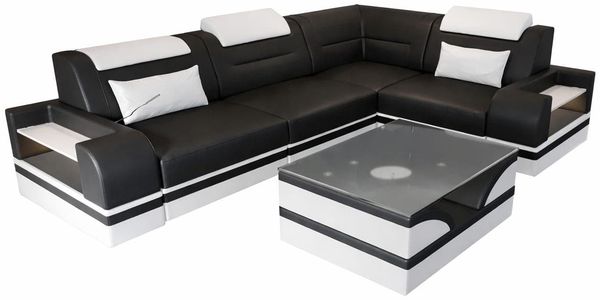 Couch Trivento L Form in Leder - Büffelleder - schwarz-weiss - Rechts