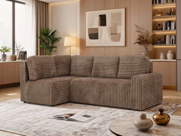Eckcouch NESSARO COR L mit Schlaffunktion, L-förmiges Sofa mit DL-System, Bettkasten, Bonellfederkern, Sofa mit Stauraum - Braun Cord - Links Seite