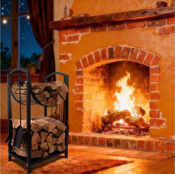 BBWL Kaminholzregal kompakter Brennholzständer mit 4-tlg Werkzeugset für Kamin & Ofen, BxTxH:40x30x75 cm, Kaminholzregal Set aus Metall mit Kaminbesteck