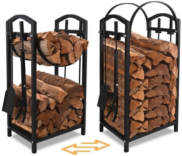 BBWL Kaminholzregal kompakter Brennholzständer mit 4-tlg Werkzeugset für Kamin & Ofen, BxTxH:40x30x75 cm, Kaminholzregal Set aus Metall mit Kaminbesteck