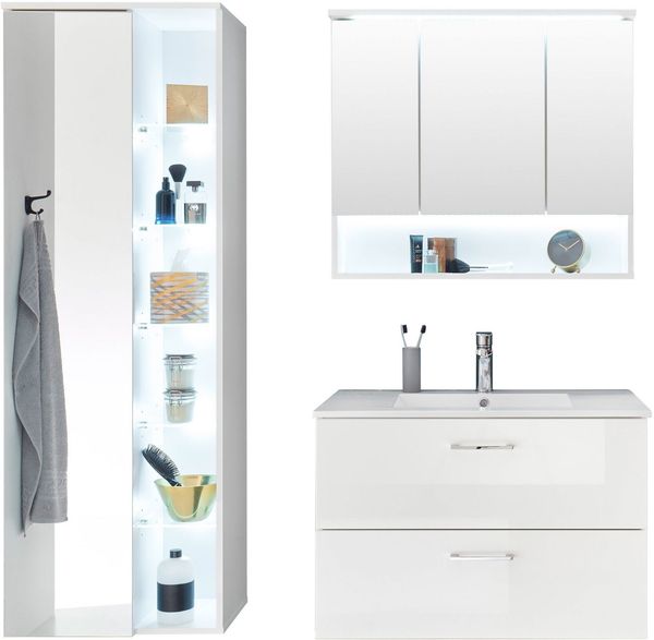 3-tlg. Badezimmer-Set Best in Weiß Hochglanz mit LED
