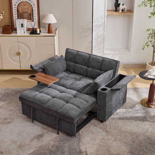 Schlafsofa 3-in-1 ausziehbar, verstellbare Lehne, USB, Tisch, Getränkehalter, Beige