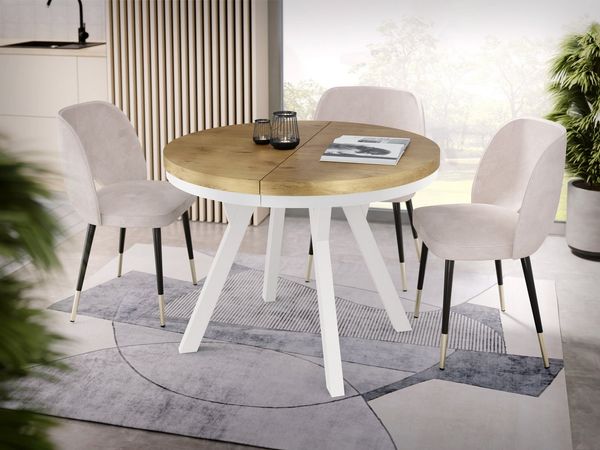 WFL GROUP Esstisch Lume Weiß ausziehbar rund modern mit weißen Holzbeinen (MADE IN EU, erhältlich in 3 Größen – 90/100/100 cm, ausziehbar auf 170/150/200 cm), platzsparender Tisch für kleine Küche, Esszimmer oder Wohnzimmer