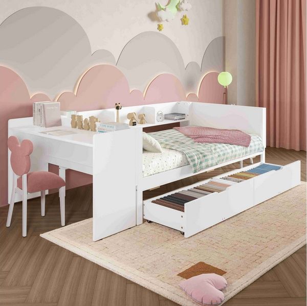 BlingBin Holzbett Kinderbett Multifunktionales Bett (1-tlg, mit Schreibtisch, 2 Schubladen und 3 Bücherregal, Ohne Matratze), weiß,Kiefernholz+Spanplatte, 90x200cm, für Kinder und Jugendliche